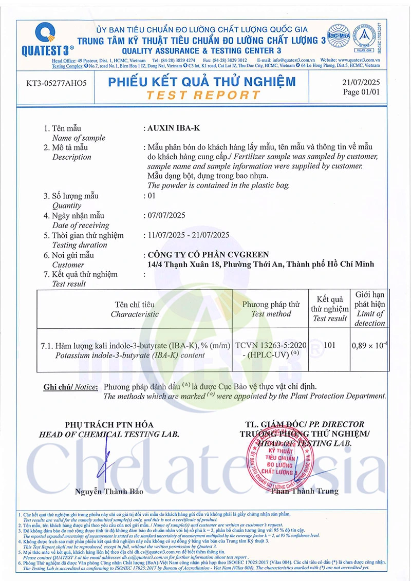 Kết quả phân tích Auxin IBA-K