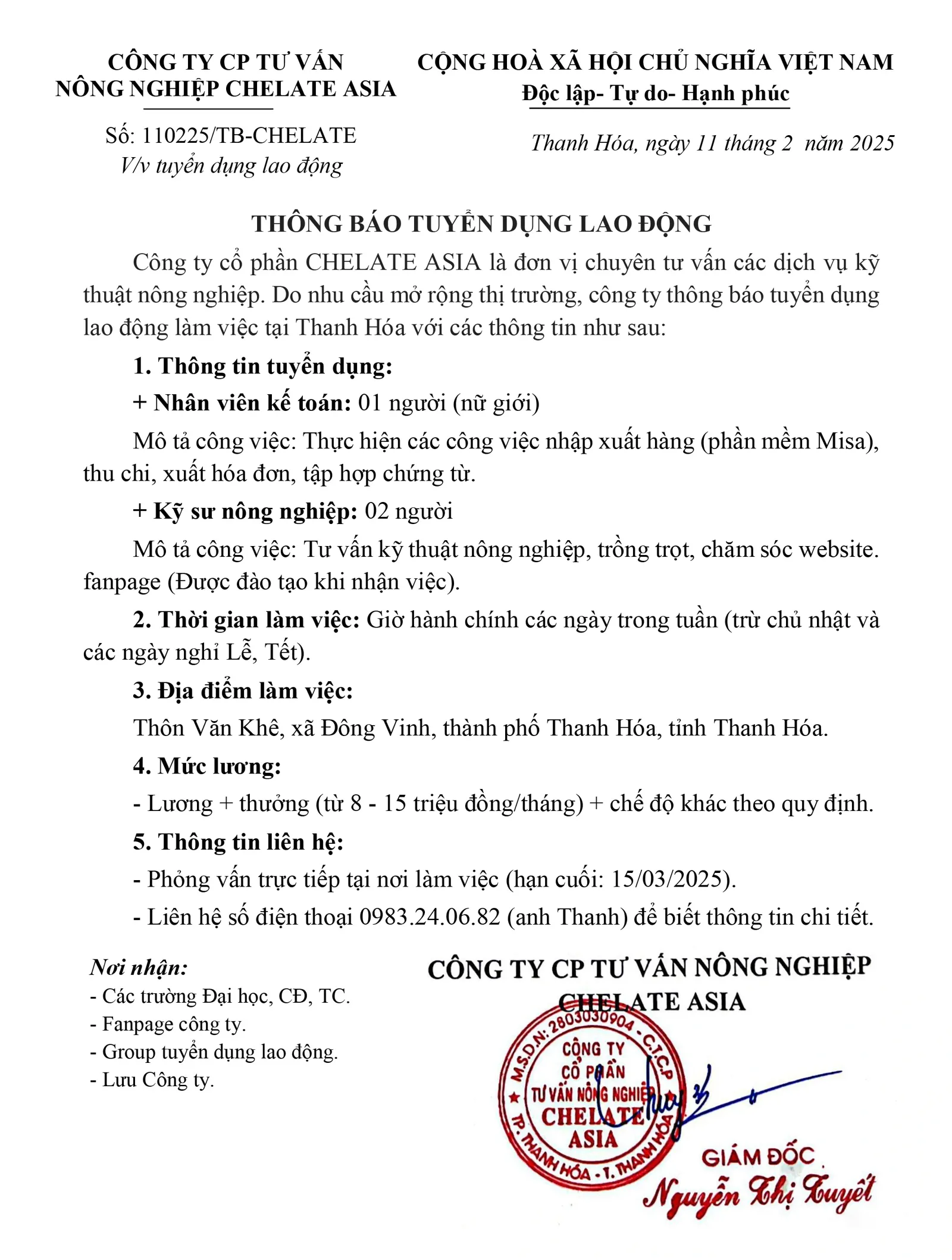 Thông báo tuyển dụng kế toán
